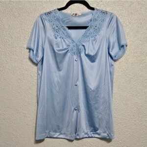 Vtg Vanity Fair Womens Floral Lacey Silk Button Up PJ Top Size L Dainty Darling